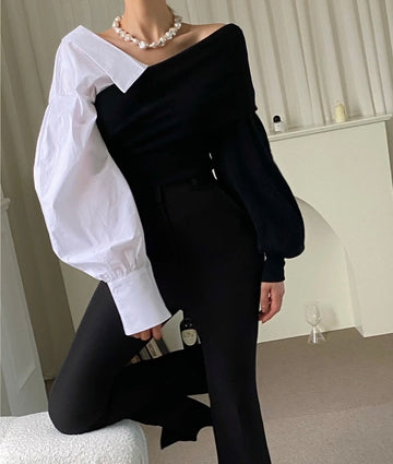 Off-Shoulder Colour Contrast Blouse - Black